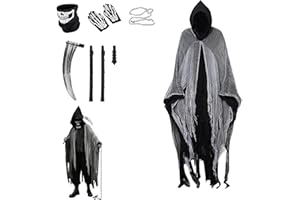 Viechoes Halloween Geister Kostüm Erwachsene – Gruselige Geist Umhang mit Kapuze, Horror Geister Kostüm Für Herren Damen inkl. Sichel, Schädelmaske, Handschuhe, Ketten​