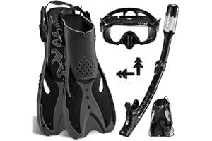 SenDeluz Snorkel Set for Adults, Travel Snorkel Set with Adjustable Swim Fins, Panoramic View Anti-Fog Mask,Dry Top Snorkel and Gear Bag for Swimming Training, Snorkeling Kit Diving Packages
