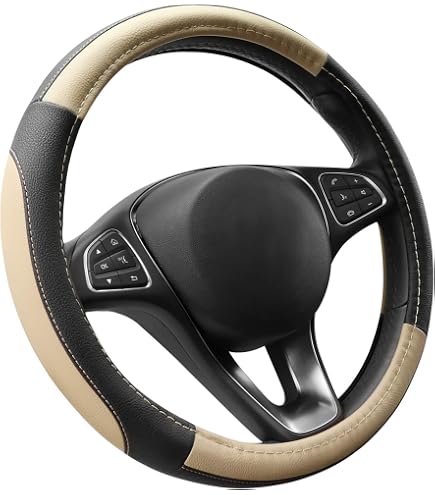 Soft PU Leather Steering Wheel Cover - Beige & Black - 44-46 Cm - Van/Truck/Lorry