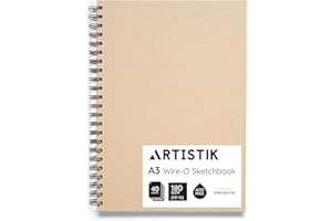 ARTISTIK A3 Sketchbook - (Pack of 1 Books, 80 Pages (40 Sheets) Wire-O Portrait Drawing Pad for Heavy Mixed Media with Perforated 180gsm Acid-Free Cartridge Paper and Kraft Cloth Cover Sketch Book