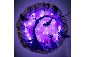 Mecctuck Halloweenkransar för ytterdörr, häxkrans Ø 30 cm med LED-lampor i violett, fladdermus och svart katt, väggdekoration