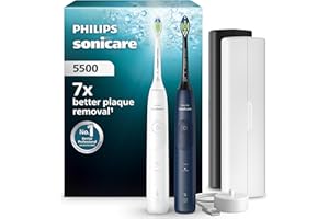 Philips Sonicare 5500 Elektryczna szczoteczka do zębów, szczoteczka soniczna z 2 trybami, alert nacisku, EasyStart, SmarTimer, kolor biały i granatowy, 2 szt., model HX7119/01 [Nowa technologia]