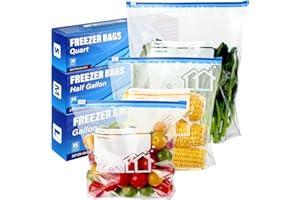 HEMIKS 70 Pcs Zip Lock Bags, 3 Sizes Freezer Bags (4.55L, 2.27L, 1L), Reusable Heavy Duty Food Bag with Expandable Bottom, Ziplock Sandwich Bag for Fruits, Veggies, Meat, Snacks