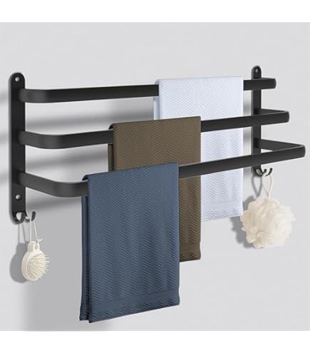 Drielaags Handdoekrek Zwarte Drielaags Handdoekstang Van Aluminium - 80 Cm Breed, Wandmontage, Mét 2 Haken Wandrek Badkamer