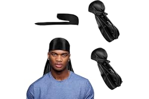 Jiujuda9 2 Pcs Silk Durag Men, Satin Silky Durags for Men & Women, Waves Braids Locs, Black Pirate Headwraps Cap with Wide & Long Tail, Breathable Wrinkle Free Satin Du Rags Accessory