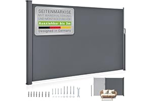 Juskys Seitenmarkise Dubai 180 x 300 cm ausziehbar Blickdicht, Sichtschutz für Balkon & Terrasse, Seitenrollo mit Wandhalterung - grau