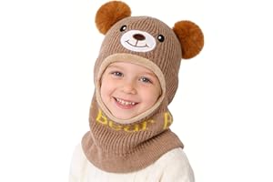 AYPOW Kinder Schlupfmütze Mädchen Jungen, Warme Schalmützen Wintermütze Fleece Gefüttert Niedlich Winddicht Strickmütze mit Bommel Beanie Mütze Loop Schal Kindermütze