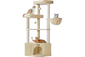 Feandrea Arbre à Chat, 48,5 x 48,5 x 140,7 cm, Tour de Jeux pour Chats, avec Niche, Grandes Plateformes, Balles en Peluche, Hamac, Beige Sable PCT009Y01