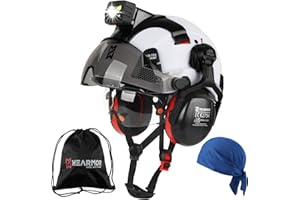 HEARMOR VOLTEK Casque de protection industriel certifié CE EN397 avec lampe frontale LED + visière et protection auditive | Pour travaux forestiers, travaux de construction et escalade | Casque de