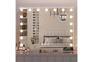DRADAOMULL Specchio Trucco con Luci, Specchio Hollywood da Tavolo con 17 Lampadine LED, 3 colori di illuminazione, Specchio da trucco con USB e ingranditore 10x, Installazione su tavolo e a parete - 60*52.5cm