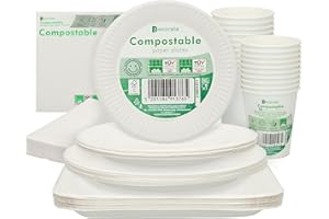 Aktive 71346 - Procos Vajilla desechable ecológica y biodegradable 100% Papel, 20 platos desechables grandes + 20 platos pequeños + 20 platos cuadrados + 20 vasos desechables + 40 servilletas