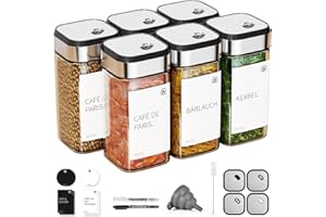 Miorkly Set di 6 barattoli per spezie rettangolari con inserto per spargere spezie in vetro da 120 ml, contenitore per spezie con coperchio girevole per spezie con etichetta, barattolo per spezie