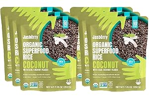 Jasberry Organic Coconut Rice – Ready to Eat Black Rice with Real Coconut Flakes | 6×200g Microwave Pouches | Vegan, Gluten-Free, Wholegrain | Quick Meal or Side Dish | Ready in 90 Seconds