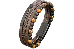 Mochity Lederarmband Herren 21cm,Edelstahl Armband Herren Schwarz Braun Blau,Perlenkette Herrenarmband Armbänder Für Herren,Leder Armband Herr Männer Geschenke Schmuck Herren