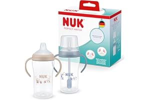 NUK Perfect Match Learner Biberon | 6+ mesi | 260 ml | Bicchiere con cannuccia a prova di perdite per bambini | Manici antiscivolo | Blu | Confezione da 2