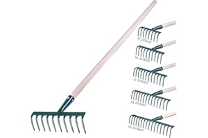 KADAX Rechen aus Metall, Flache Harke mit Stiel aus Holz, Laubbesen für Garten, Beet, Laubrechen, Rasenrechen, grün, Gartengerät, Heurechen, Gartenwerkzeug, Gartenharke (10 Zinken)