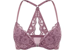 DOBREVA Biustonosz Damski Push Up Racerback Z Zapięciem Z Przodu Koronkowe Wyściełane Fiszbiny Z Głębokim Kwiatowym Wzorem