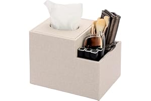 BTSKY Lniane kwadratowe pudełko na chusteczki z wielofunkcyjnym boczną kieszenią organizer do zdalnego sterowania kosmetyki długopis ołówek - pudełko na chusteczki stołowe pojemnik na serwetki, beżowy