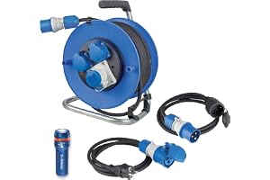 as - Schwabe Outdoor Set, 25 m Kabeltrommel + 2 x Adapter-Leitung 230 V CEE, Schutzkontakt Stecker mit Powerlight Spannungsan