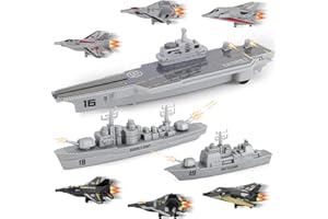 deAO Military Naval Ship Aircraft Carrier Toy Play Set with Small Scale Model Planes, Battleship, and Supply Ship Included, Army Toys, Aeroplane Toy for Kids 3+