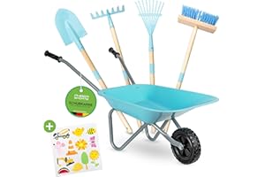 PHIBER-SPORTS Schubkarre Kinder + Gartenwerkzeug Kinder aus Metall - Kinderschubkarre mit Gartenwerkzeug: Schaufel, Kinderbesen, Kinderrechen, Laubrechen + Wetterfeste Sticker - Für Garten & Strand