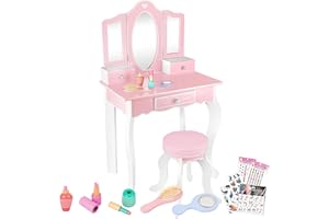 Green series Tocador Infantil de Madera con Espejo y Accesorios - Mesa Maquillaje Niña con Cajones - Juguete Educativo para Niñas 3 y 6 Años - Tocador Rosa GS3300