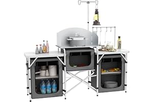 Outsunny Meuble de Cuisine pour Le Camping avec Rangement, Table d'extérieur Pliante Station de Cuisson en Aluminium avec 3 placards en Tissu, Pare-Brise, Support d'éclairage, Sac de Transport Gris