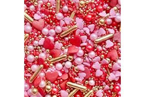 BAKE BOX BOUTIQUE Valentines Red gold pink Hearts Metallic Sprinkles for cupcake cake toppers pearls balls 100s and 1000s Anniversary love wedding decoration cake cupcake topper CHERUB