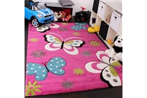 Paco Home Kids’ Rug - Butterfly Design - Green Grey Black Cream Magenta, Size:80x150 cm