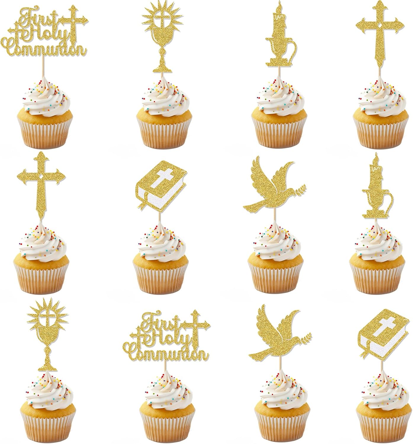 12 Pcs First Holy Communion Cake Glitter Topper, Christian Christening Cake Topper, Holy Communion Decorations, Gold God Bless Dove Cross Cakes Topper for Baby Shower Christian Party Decoration Suppli