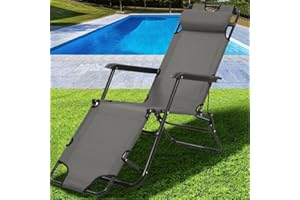 BAKAJI Sedia Sdraio Reclinabile in Lettino Prendisole Esterno Giardino Poltrona Relax Pieghevole in Metallo e Tessuto Oxford Traspirante con Poggiatesta Imbottito Terrazzo Piscina Spiaggia (Grigio)