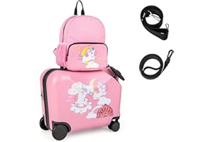 RELAX4LIFE Set Valigia Cavalcabile/Trolley per Bambini 18‘’ con Zaino 12‘’, 4 Ruote Girevoli, Maniglia Retrattile 56cm, 2 Cingie Multiuso, Zaino: 26x30cm/Trolley:47x26,5x36,5cm (Rosa 3)