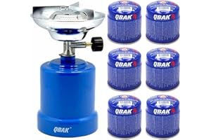 KROWN - Hornillo Camping Gas Cocina Portátil + 6 Bombonas 190g para Acampada, Campo, Playa, Montaña, Quemador con Regulador de Gas Butano