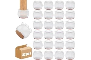 YIJUHOU Silicone Chair Leg Floor Protectors：32PCS Transparent Chair Feet Cover，Felt Bottom Silicone Chair Leg Caps for Protecting Hardwood/Tile/Laminate Floors from Scratches and Noise(Fit 29-33mm)