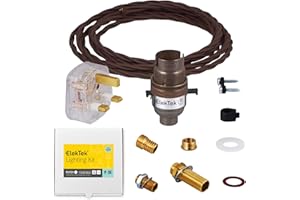 ElekTek Premium UK B22 Lamp Refurbishment Fixing Kit, Antique Brass Safety Switched Bayonet Lampholder, Extensive Fittings Pack, 13A Plug (3A Fuse), Brown Twisted Braided Fabric 3-Core Lighting Cable
