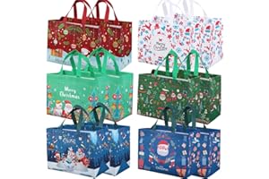 Volsha 12 Pack Christmas Reusable Grocery Bag,Tote Bag with Handle, Gift Present Bag, Shopping Bag for Holiday Xmas Event Party