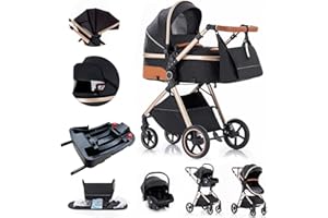 Gcarebb Système de voyage 3 en 1 avec base Isofix, poussette avec poignée réglable en hauteur, landau de voyage avec housse de pluie, poussette pour bébé avec cadre en aluminium pour nouveau-né