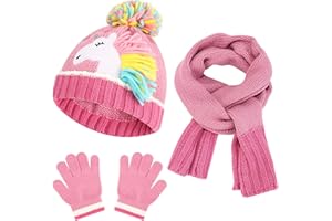 QKURT Kid’s Stretchy Beanie Hat Mittens Scarf Set, Children Winter knitted Cap with Pom Pom Thermal Neck Warmer Gloves Set Unicorn Cold Weather Accessories for 2-5 Years Old Girls