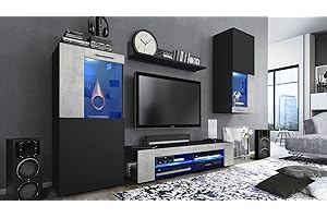 Vladon Wohnwand Movie, Anbauwand bestehend aus 1 TV-Board, 2 Vitrinen und 1 Regal, Schwarz matt/Schwarz matt/Beton Oxid-Optik, inkl. LED-Beleuchtung blau (Gesamt: 300 x 190 x 39 cm)