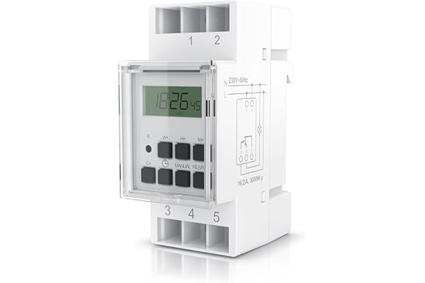 Bearware - Minuterie numérique, Commutateur de relais temporisé 240V 16A 3650W, Montage sur rails DIN 35mm de tableaux de distribution, 2 bornes d'entrée, 3 de sortie, 20 programmes, 16 configurations