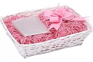 GREEN LEAVES New Born Baby Christening Gift Hamper Wicker Storage Basket with Shredded Paper and Cello Wrap (Pink)