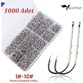 Valkyrie 1000 Adet Olta İğnesi Seti 1#-10# &ndash; Y&uuml;ksek Karbon &Ccedil;elik, Halkalı G&ouml;z, Keskin U&ccedil; Profesyonel Balık&ccedil;ı İğnesi