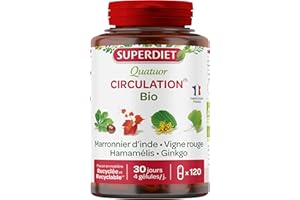 SUPERDIET - QUATUOR CIRCULATION BIO- Marronnier d'Inde, Vigne rouge, Hamamélis, Ginkgo -Phytothérapie - Fabrication France - 120 gélules