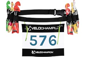 VeloChampion Cintura da corsa - Vestibilità elasticizzata con chiusura a clip per triathlon, maratona, ciclismo e porta numero di gara (Anelli in Gel Adulto S/M, 1)