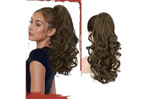 Sofeiyan Ponytail Queue de Cheval Postiche Naturel 43 cm Bouclée avec Pince, Extension Cheveux Synthétiques Ondulés Rajout Léger pour Femmes, Marron Mousse