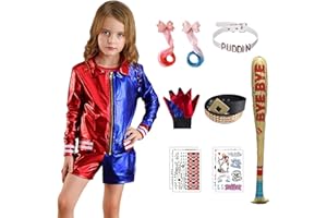 Alaiyaky Déguisement Quinn Costume Harley, Deguisement Carnaval Femme Quinn Costume avec Veste T-Shirt Short Gant Perruque Ceinture Ballon Bas Tatouage, Deguisement Harley pour Halloween