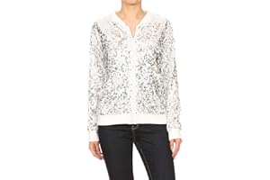 Anna-Kaci Womens Sequin Long Sleeve Front Zip Jacket with Ribbed Cuffs