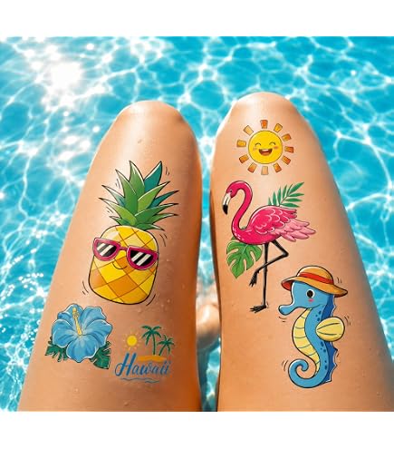 DIELOVEHUA Hawaii Temporäre Tattoos – 2 Blätter, 44 Motive – Glitzer, Tropisch – Für Poolpartys, Sommerfeste & Mehr