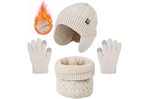TAGVO Gorro Bufanda Guantes invierno Set para Niños 4 a 10 Años, 3-in-1 Gorro de punto Bufanda de lana Guantes de Táctiles Sets Niños, Sombreros de Invierno con orejeras Sets para niños y niñas