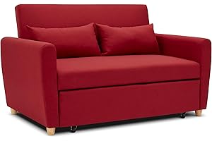 Bravich Pull Out Two Seater Double Sofa Bed -Red Fabric. Modern Contemporary Space Saving Folding Bed, Easy Fold Living Room Furniture To Full Size Double Bed. Fabric Couch With Thick Foam Cushions.
